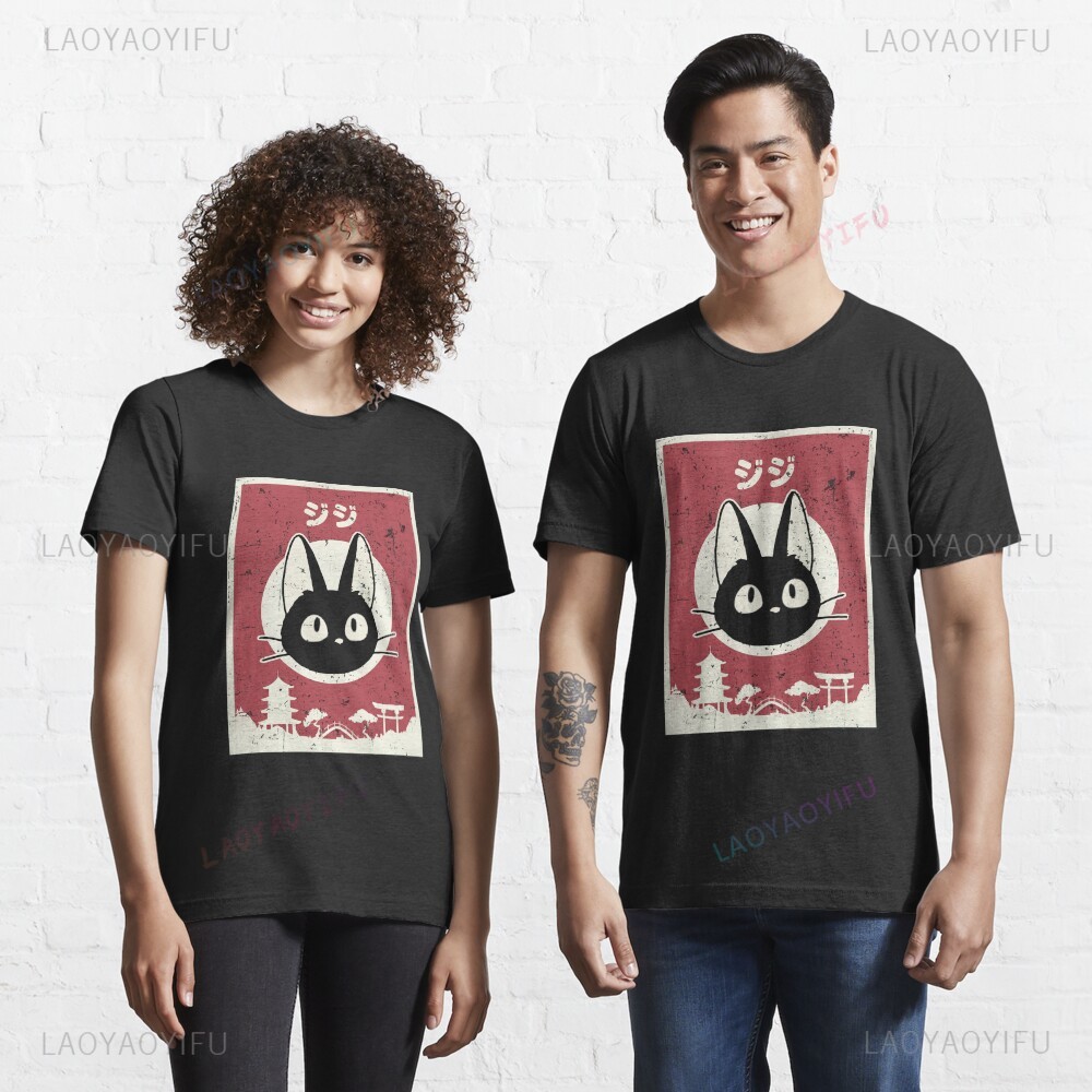 Japanese Lifestyle Clothing - Kawaii jiji gato preto impresso camiseta